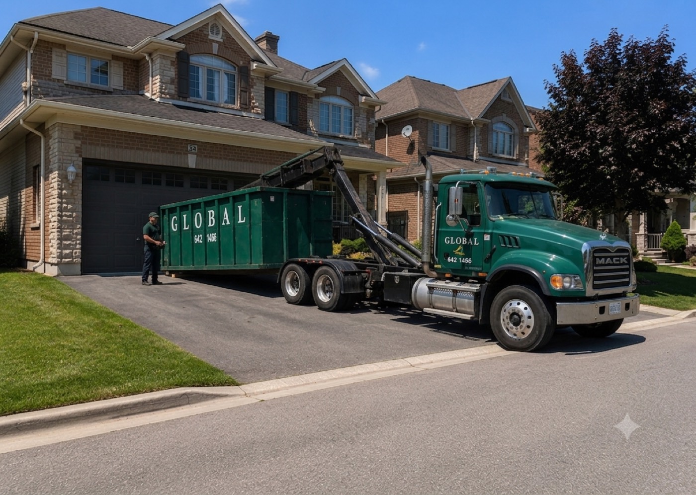 Dumpster placed carefully on a driveway