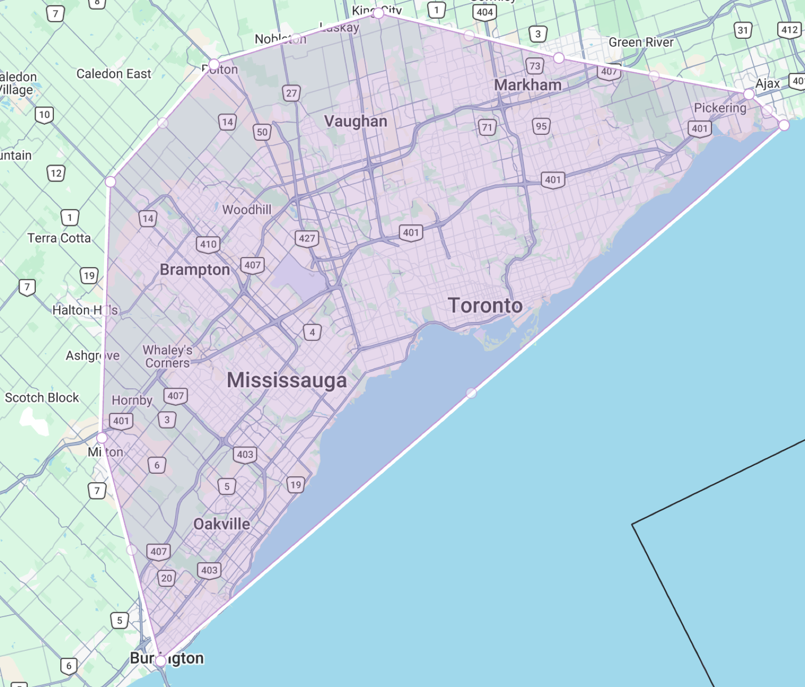 Global Dumpster Rentals service area map for Toronto and the GTA